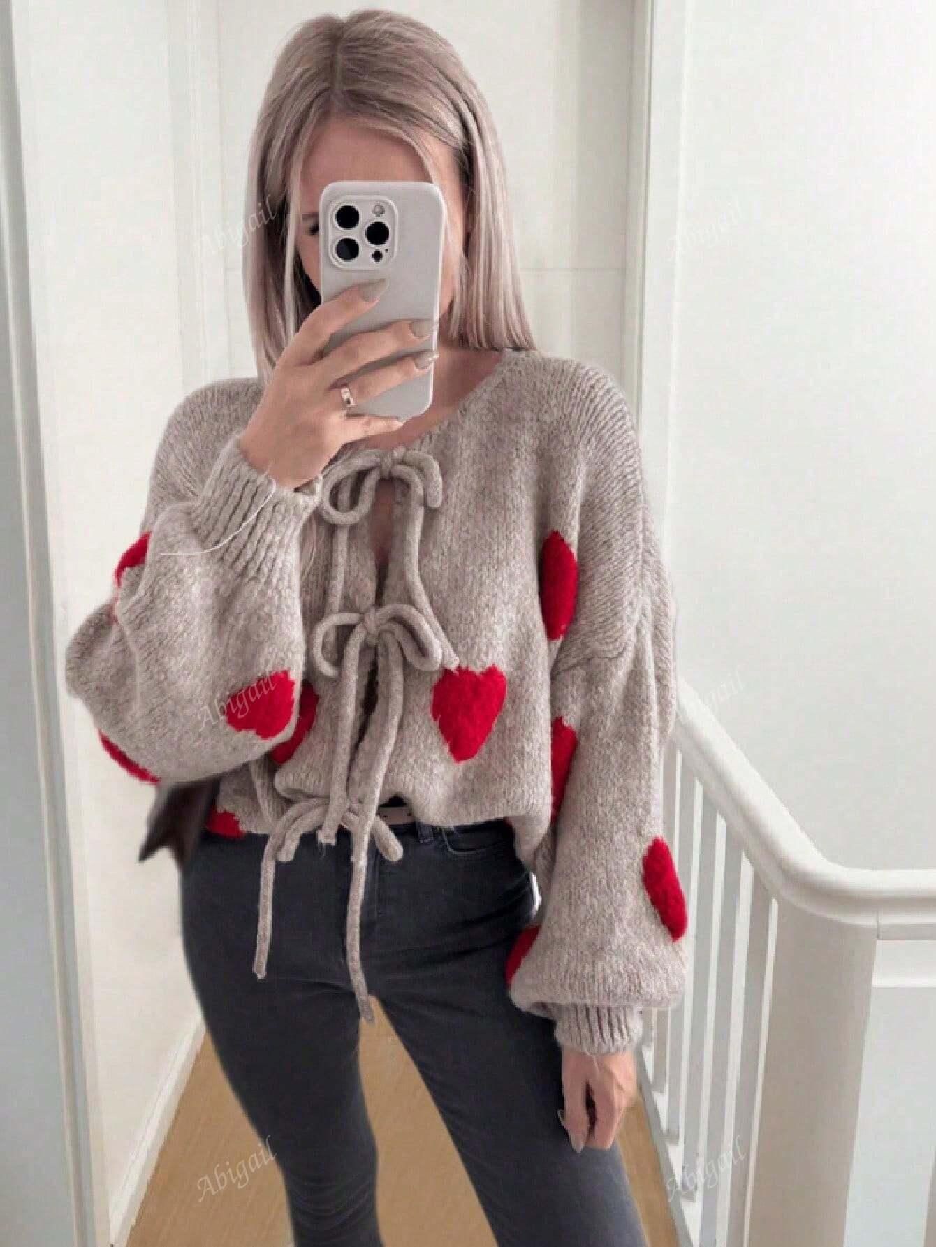 Dam Cardigan Hjärtmönster Mjuk Textil-6