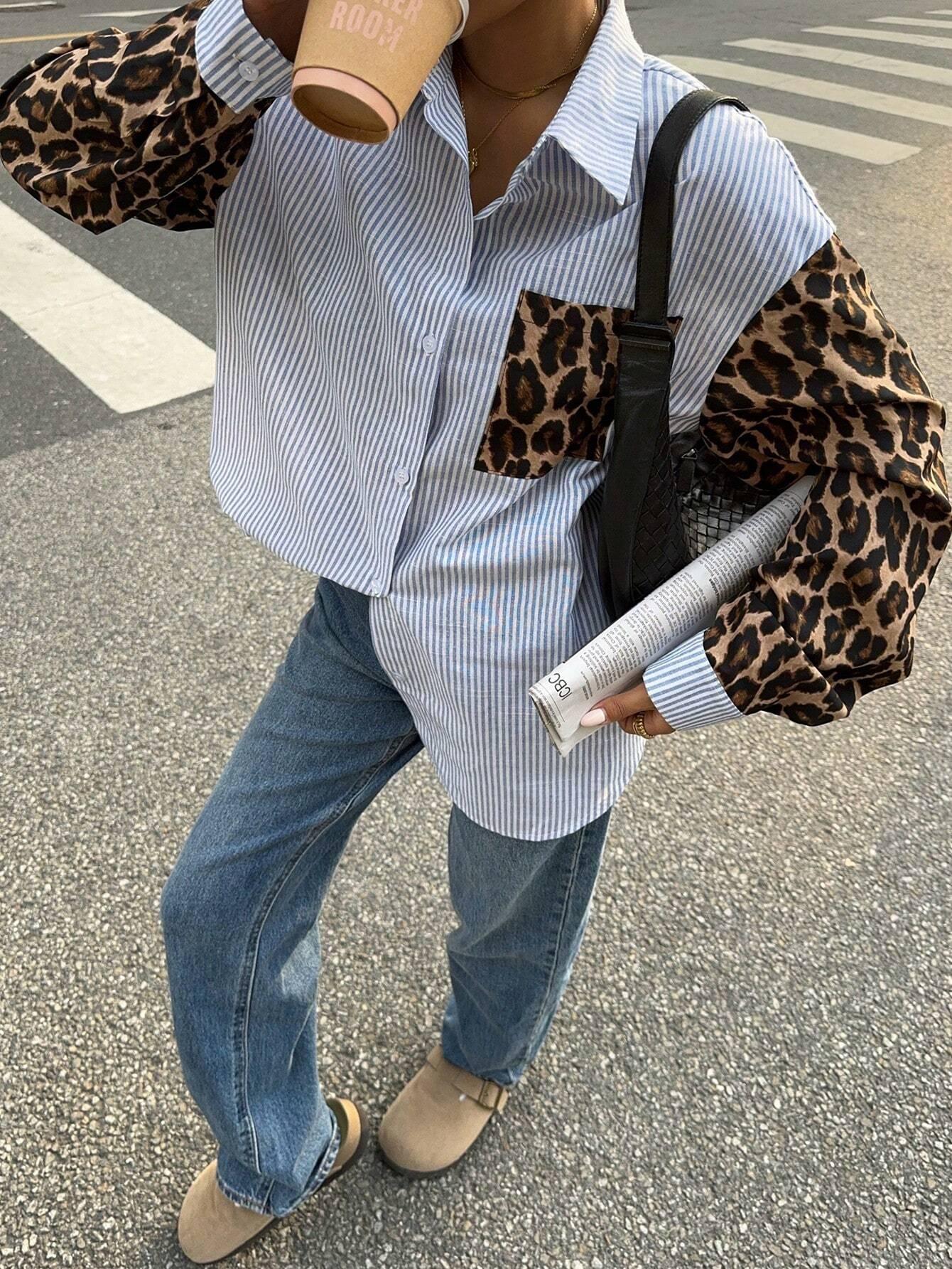 Kvinnors Långärmad Blus Randig Leopardmönster Andningsbart Tyg-3