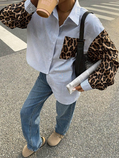 Kvinnors Långärmad Blus Randig Leopardmönster Andningsbart Tyg-3