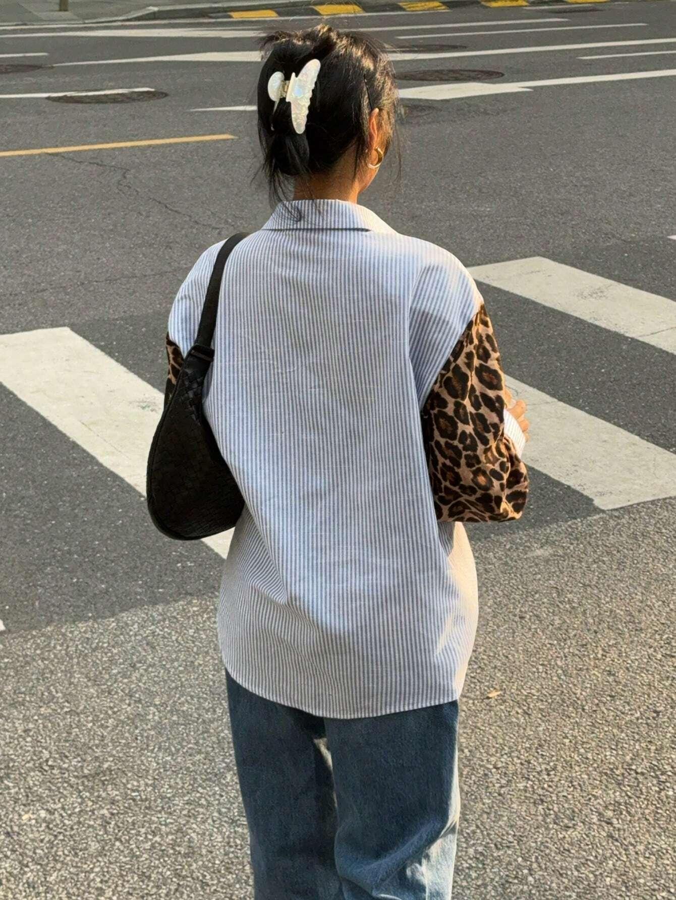 Kvinnors Långärmad Blus Randig Leopardmönster Andningsbart Tyg-2