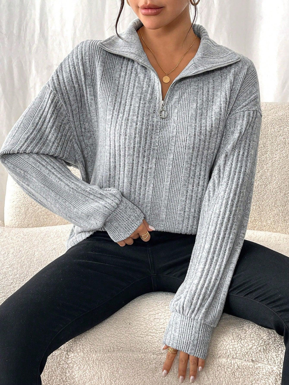 Variant image for Damen-gerippter Pullover, Viertelzip, weicher Stoff-16