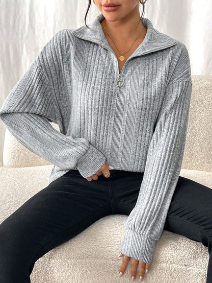Variant image for Damen-gerippter Pullover, Viertelzip, weicher Stoff-16