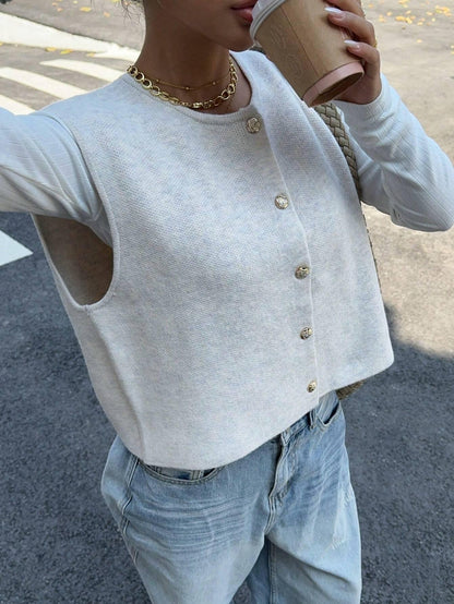 Dam Stickad Väst med Knappdetaljer i Ull för Avslappnad Stil-4