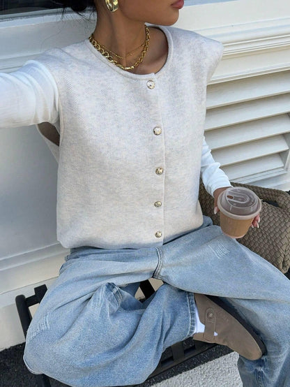 Dam Stickad Väst med Knappdetaljer i Ull för Avslappnad Stil-6