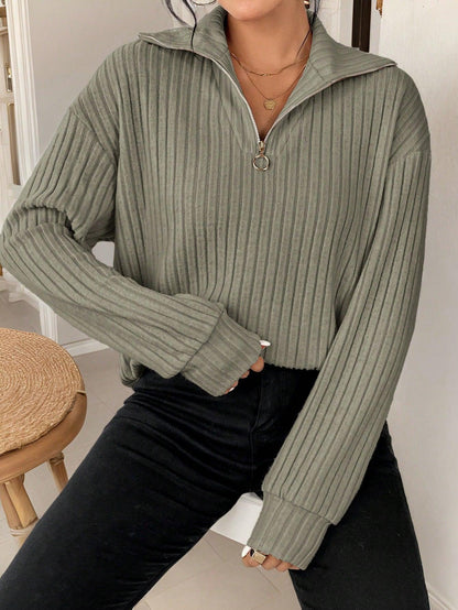 Variant image for Damen-gerippter Pullover, Viertelzip, weicher Stoff-8