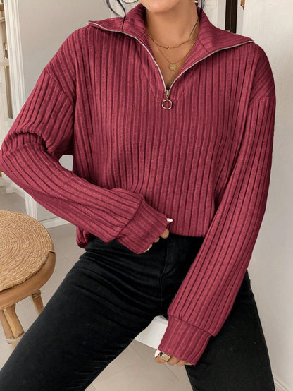 Variant image for Damen-gerippter Pullover, Viertelzip, weicher Stoff-36