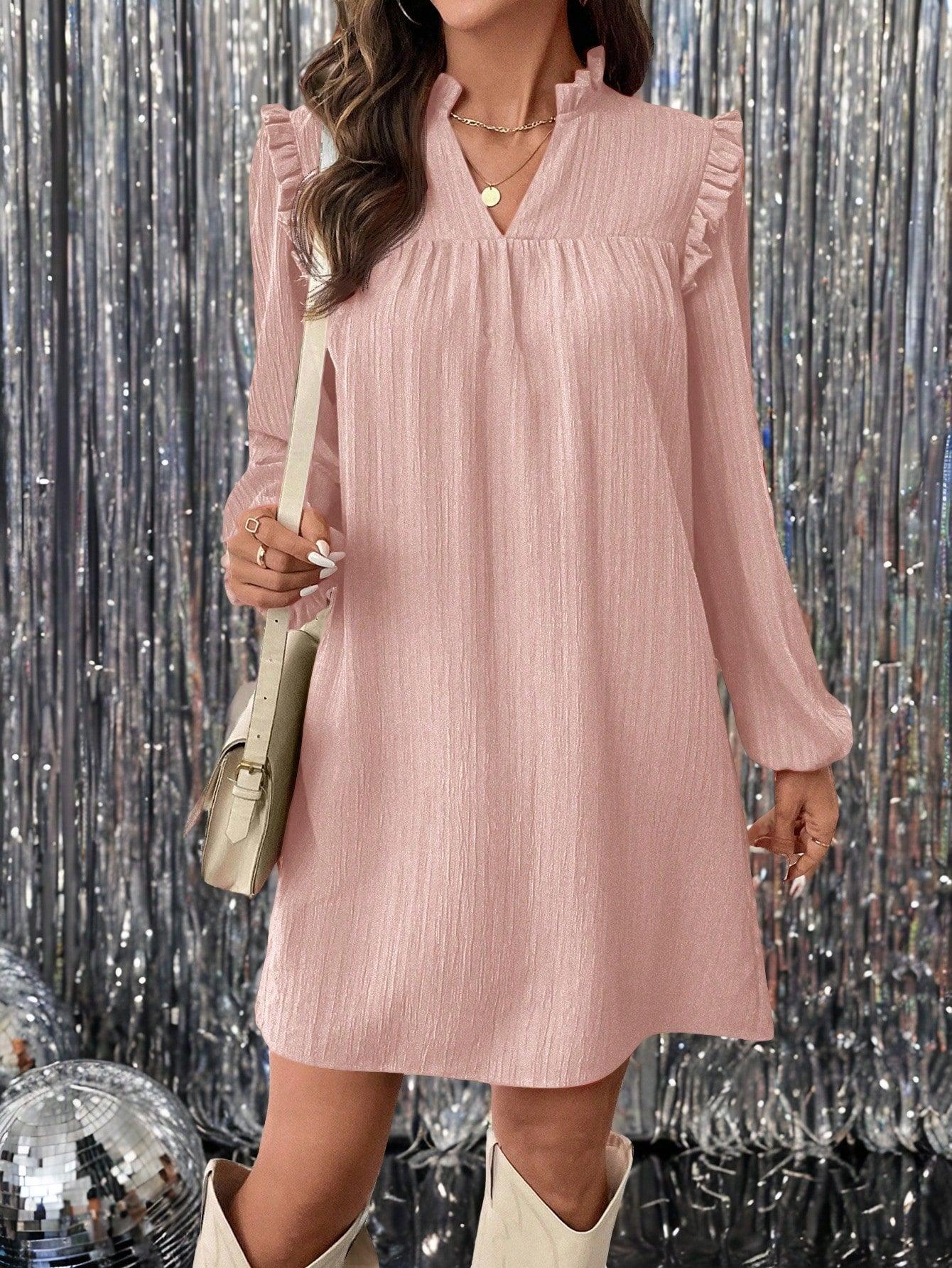 Kvinnors Långärmad Klänning med Ruffles Högkvalitativt Tyg 8