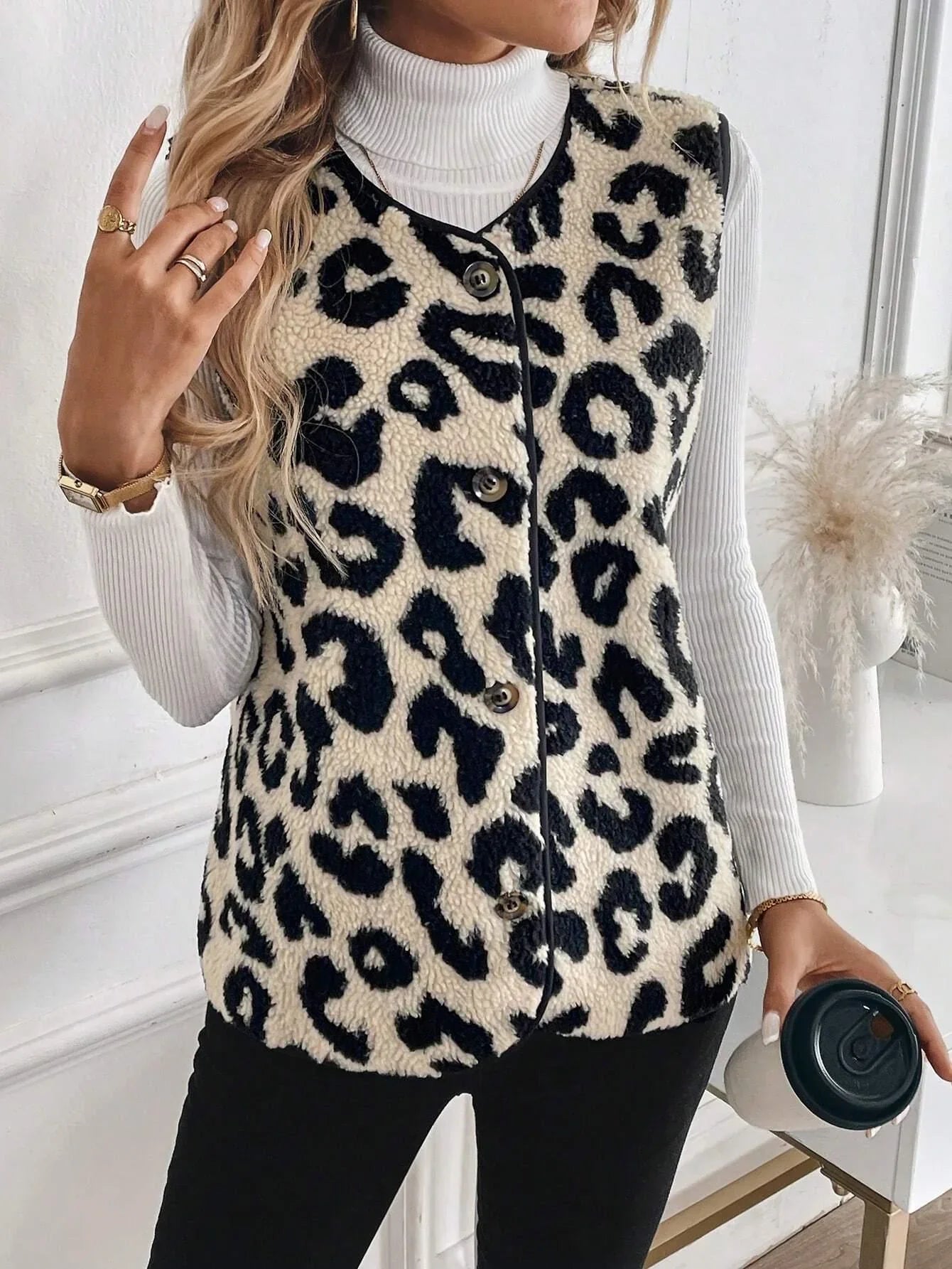 Dam Ärmlös Väst i Faux Päls Modern Stil-6