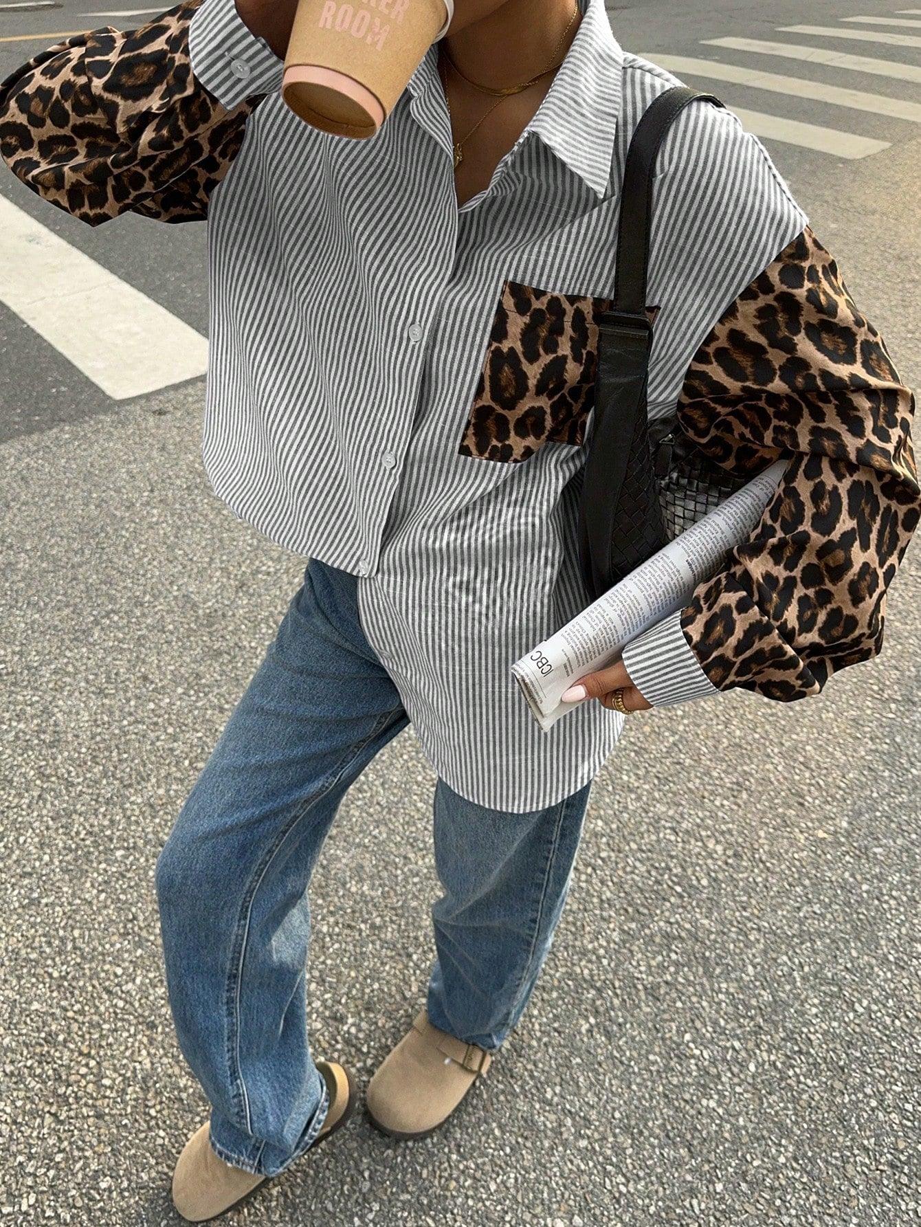 Variant image for Kvinnors Långärmad Blus Randig Leopardmönster Andningsbart Tyg-16