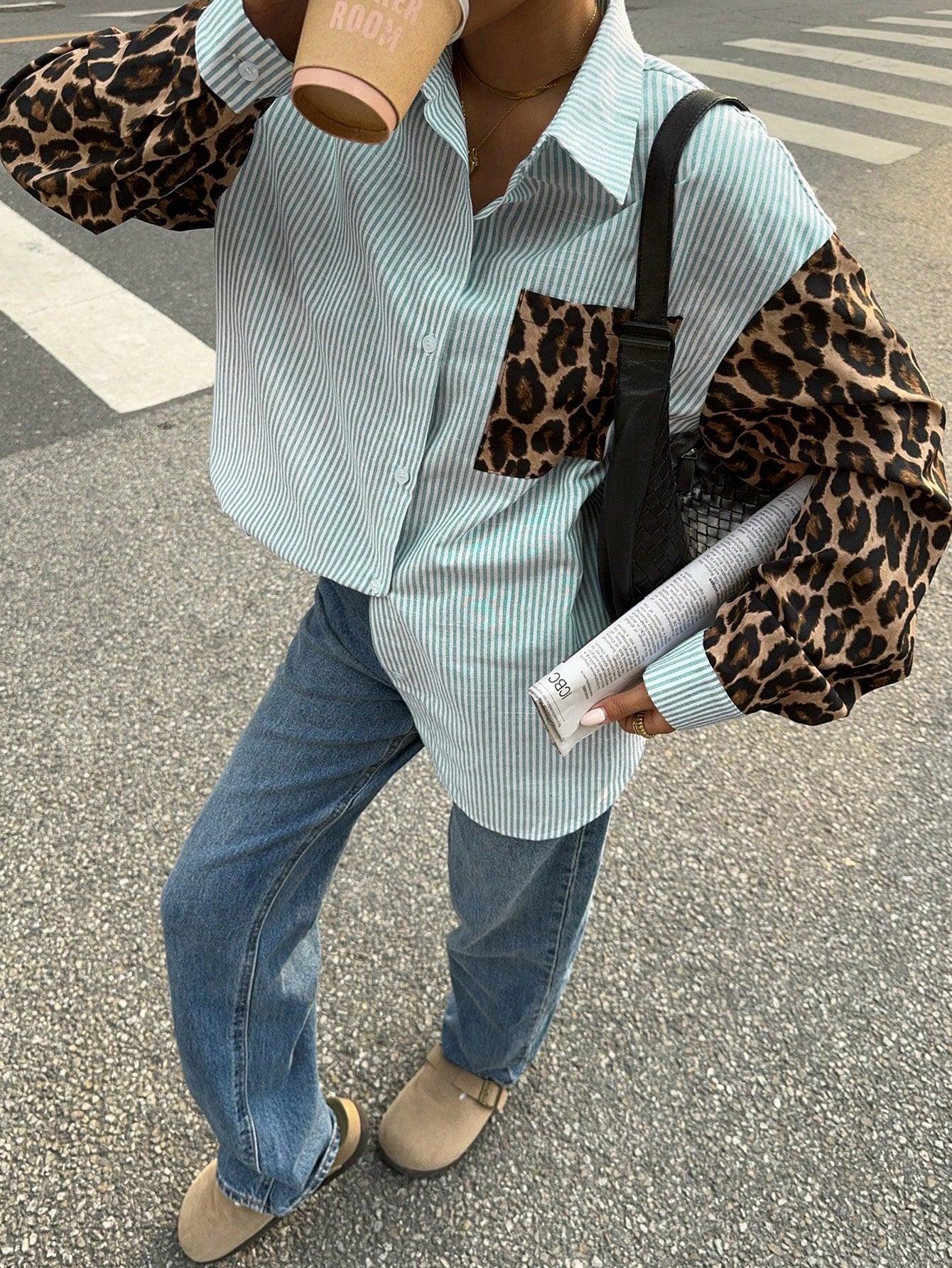 Kvinnors Långärmad Blus Randig Leopardmönster Andningsbart Tyg-4