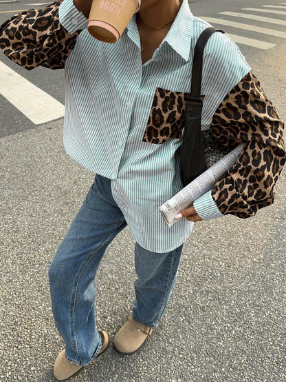 Kvinnors Långärmad Blus Randig Leopardmönster Andningsbart Tyg-4