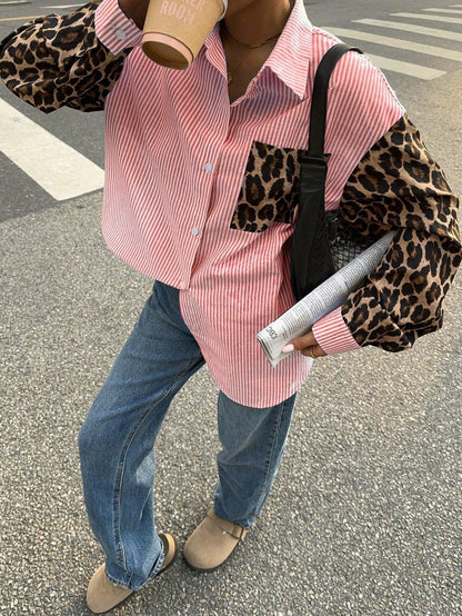 Variant image for Kvinnors Långärmad Blus Randig Leopardmönster Andningsbart Tyg-1