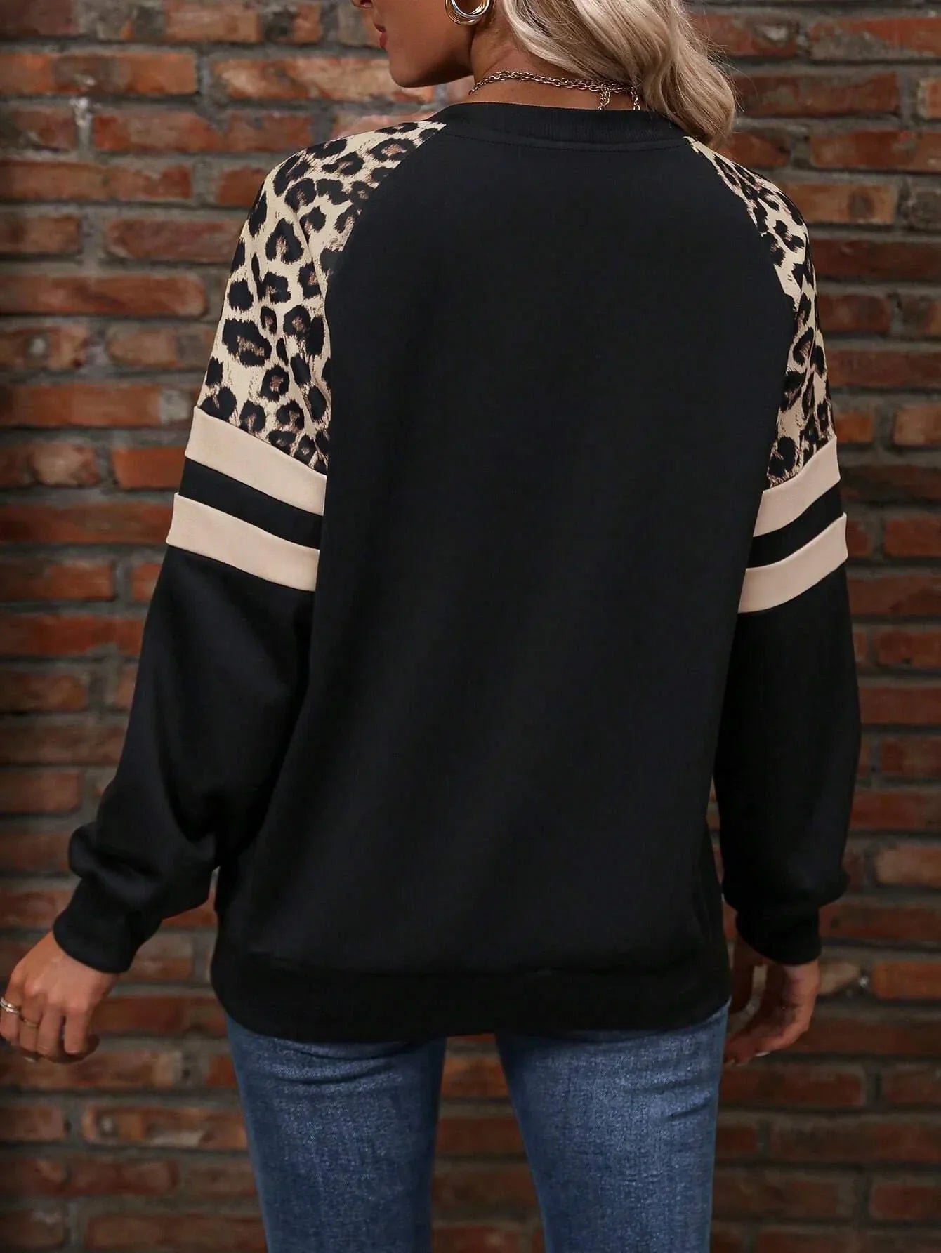 Dam Sweatshirt Leopardmönster och Ränder Mjuk Tyg Avslappnad Stil-2