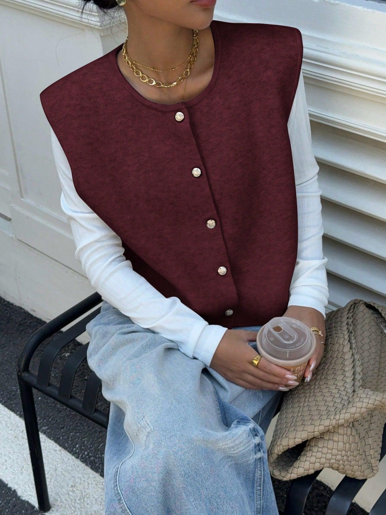 Variant image for Dam Stickad Väst med Knappdetaljer i Ull för Avslappnad Stil-14