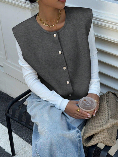 Variant image for Dam Stickad Väst med Knappdetaljer i Ull för Avslappnad Stil-16