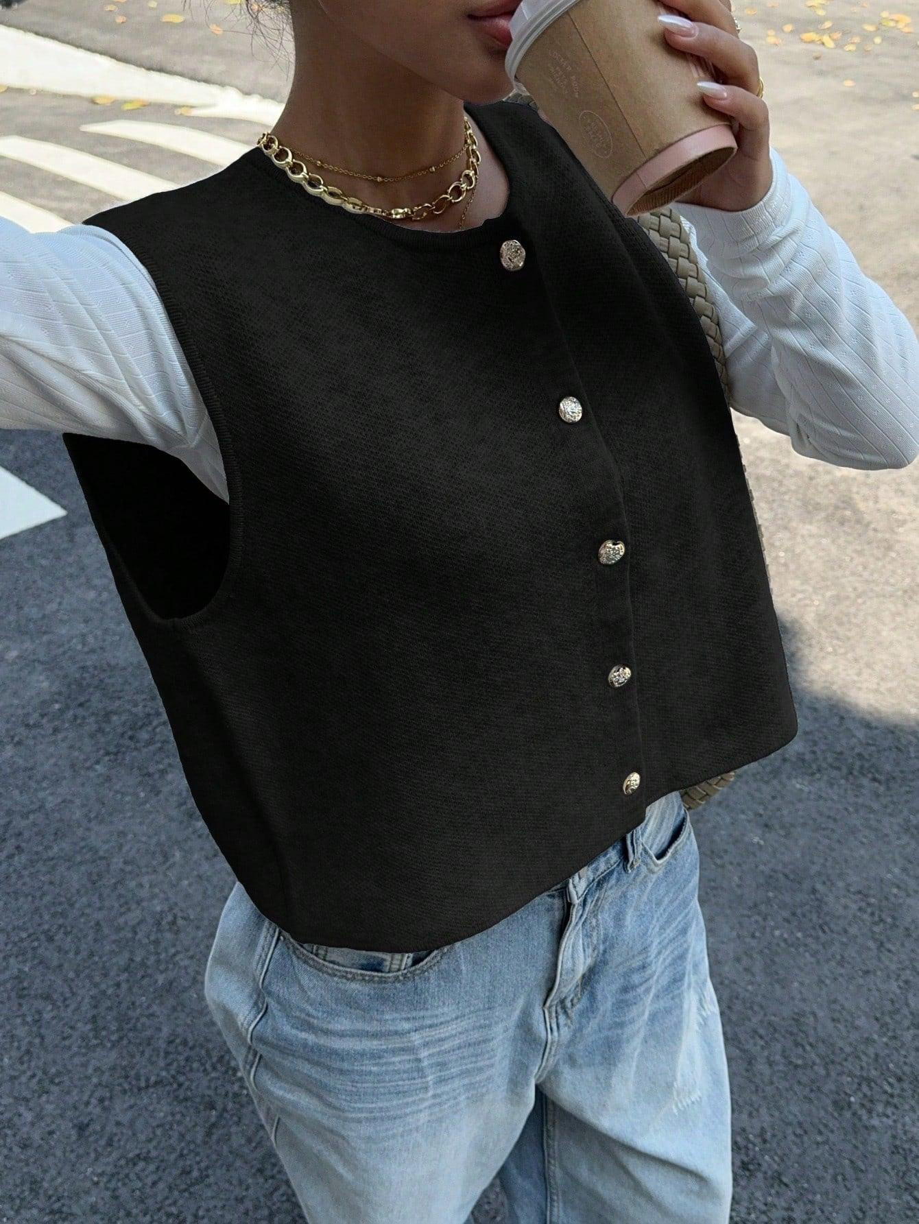 Variant image for Dam Stickad Väst med Knappdetaljer i Ull för Avslappnad Stil-10