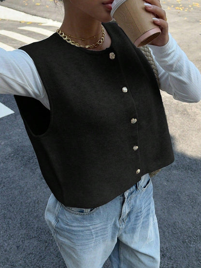 Variant image for Dam Stickad Väst med Knappdetaljer i Ull för Avslappnad Stil-10