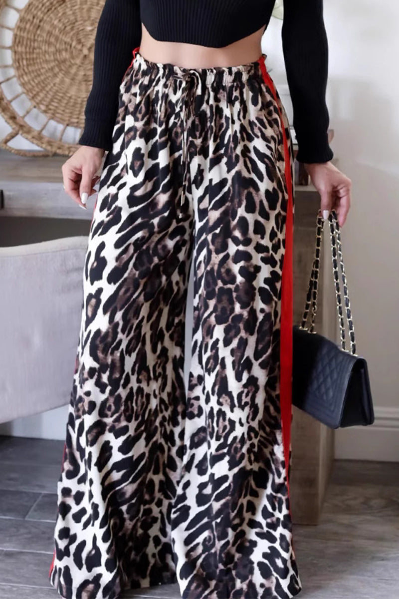 Snygga Byxor Dam Hög Midja Randiga Leopardtryck Polyester-2