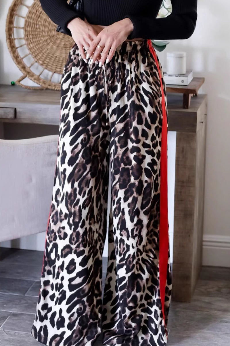 Snygga Byxor Dam Hög Midja Randiga Leopardtryck Polyester-3