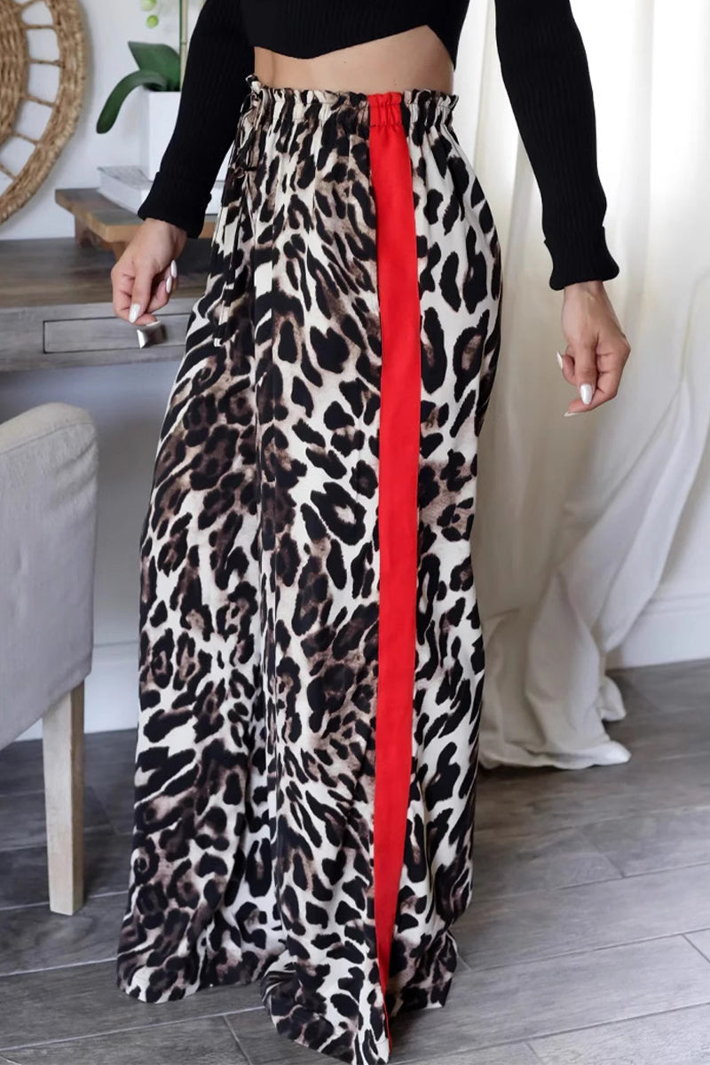 Snygga Byxor Dam Hög Midja Randiga Leopardtryck Polyester-4