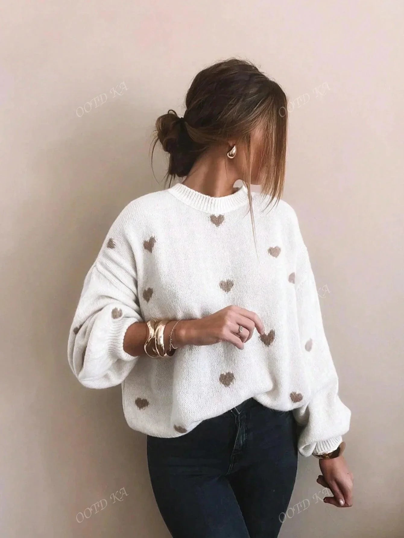 Dam Fritidströja Hjärtmönster Mjuk Andningsbar-6