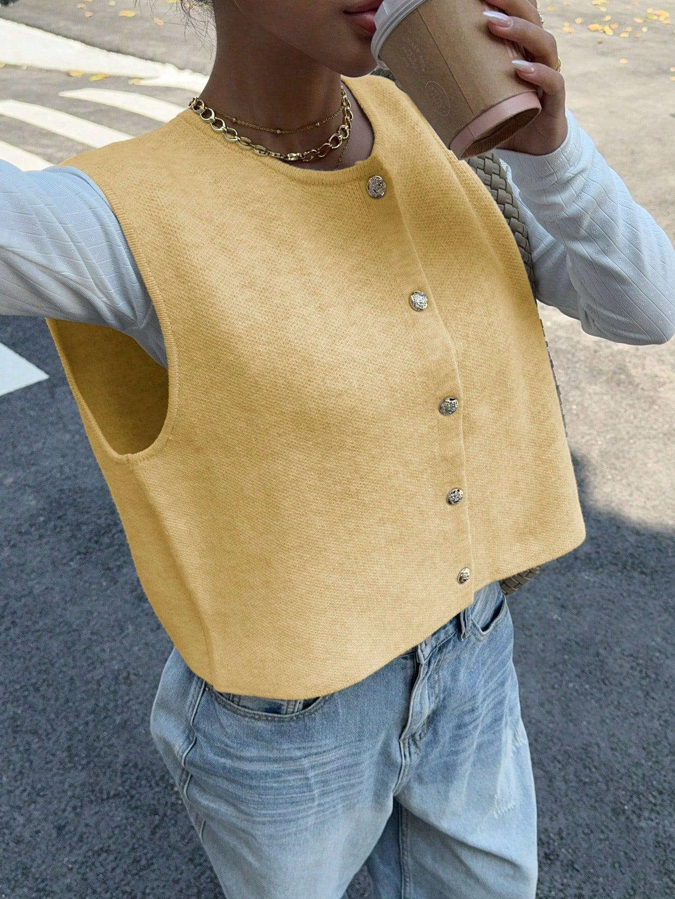 Variant image for Dam Stickad Väst med Knappdetaljer i Ull för Avslappnad Stil-26