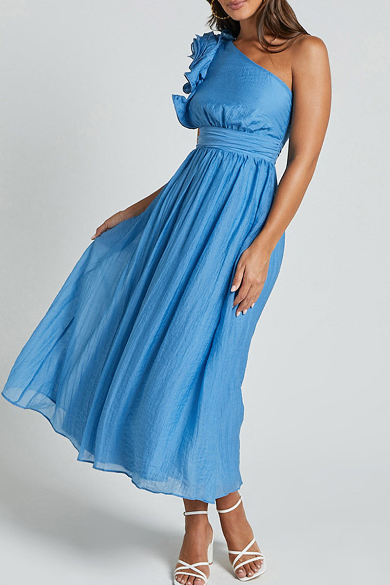 Kvinnors Asymmetrisk Axelfri Klänning Rüsch Detaljer Polyester-3