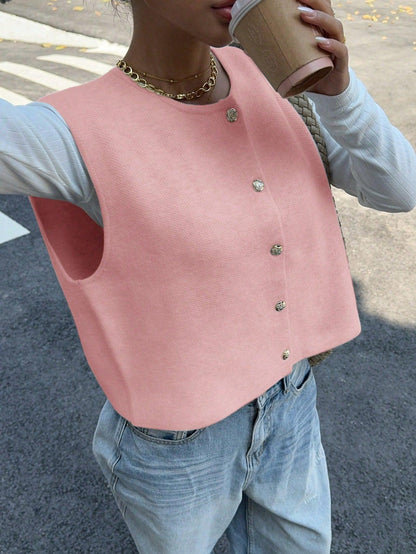 Variant image for Dam Stickad Väst med Knappdetaljer i Ull för Avslappnad Stil-21