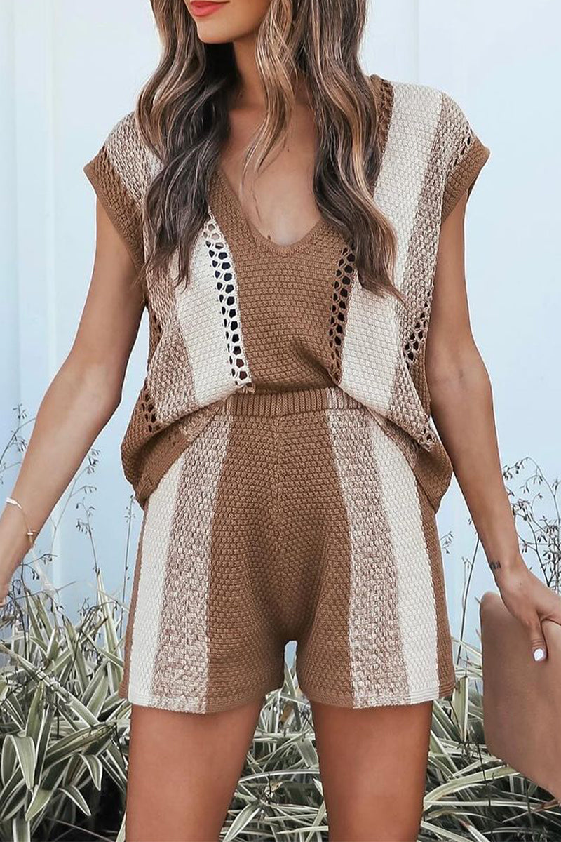 Tvådelat Set Dam Randig V-ringning Korta Ärmar 100% Bomull-1