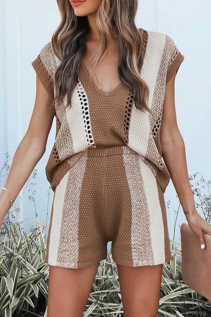 Tvådelat Set Dam Randig V-ringning Korta Ärmar 100% Bomull-1