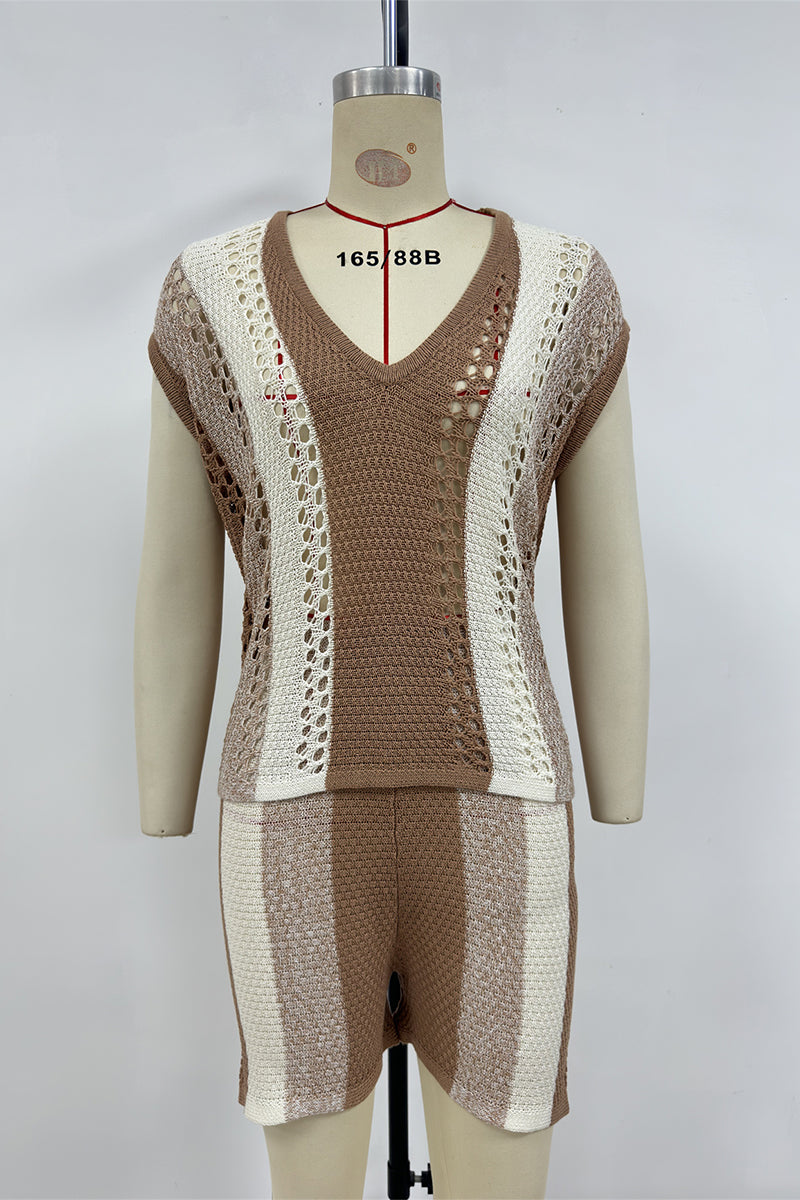 Tvådelat Set Dam Randig V-ringning Korta Ärmar 100% Bomull-4