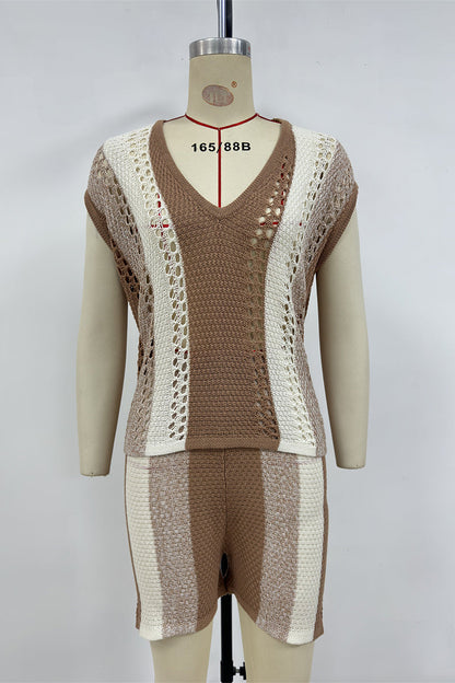 Tvådelat Set Dam Randig V-ringning Korta Ärmar 100% Bomull-4