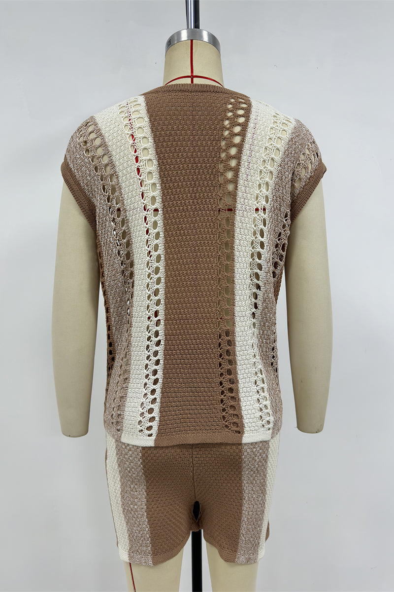 Tvådelat Set Dam Randig V-ringning Korta Ärmar 100% Bomull-5