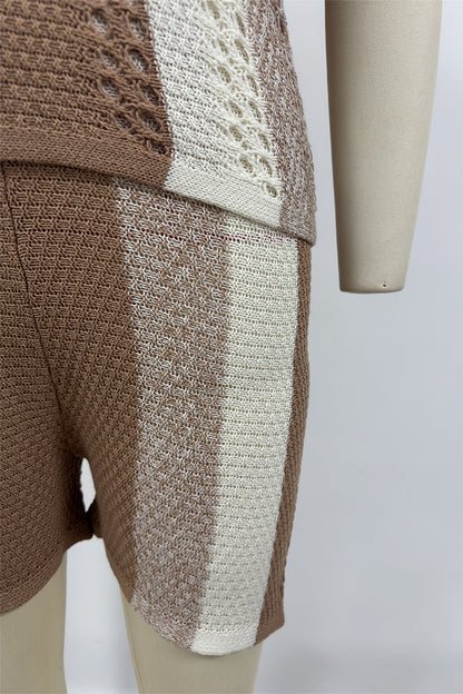 Tvådelat Set Dam Randig V-ringning Korta Ärmar 100% Bomull-6