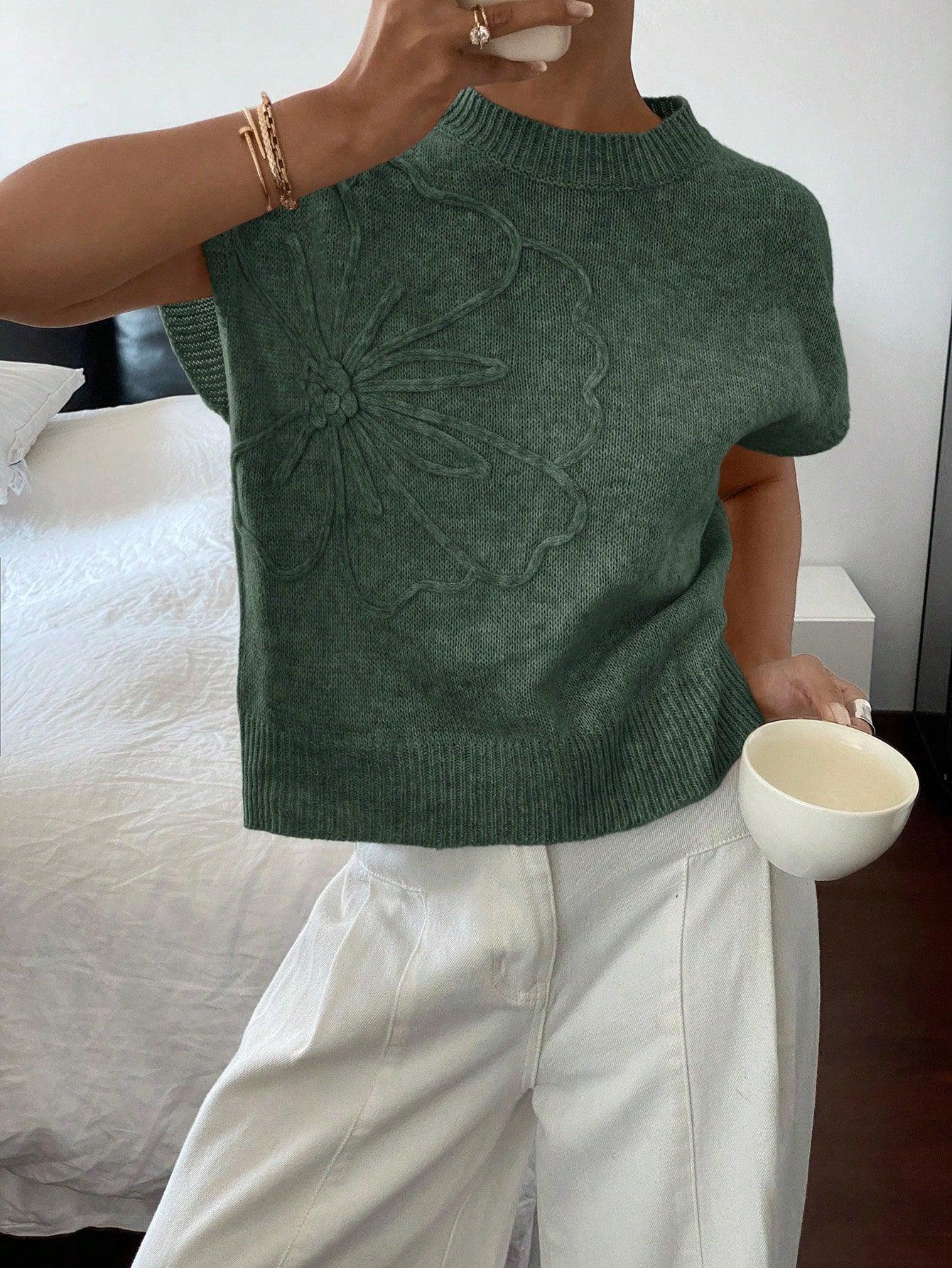 Stickad Dam Tröja Broderad Avslappnad Stil Mjuk Kvalitet-4