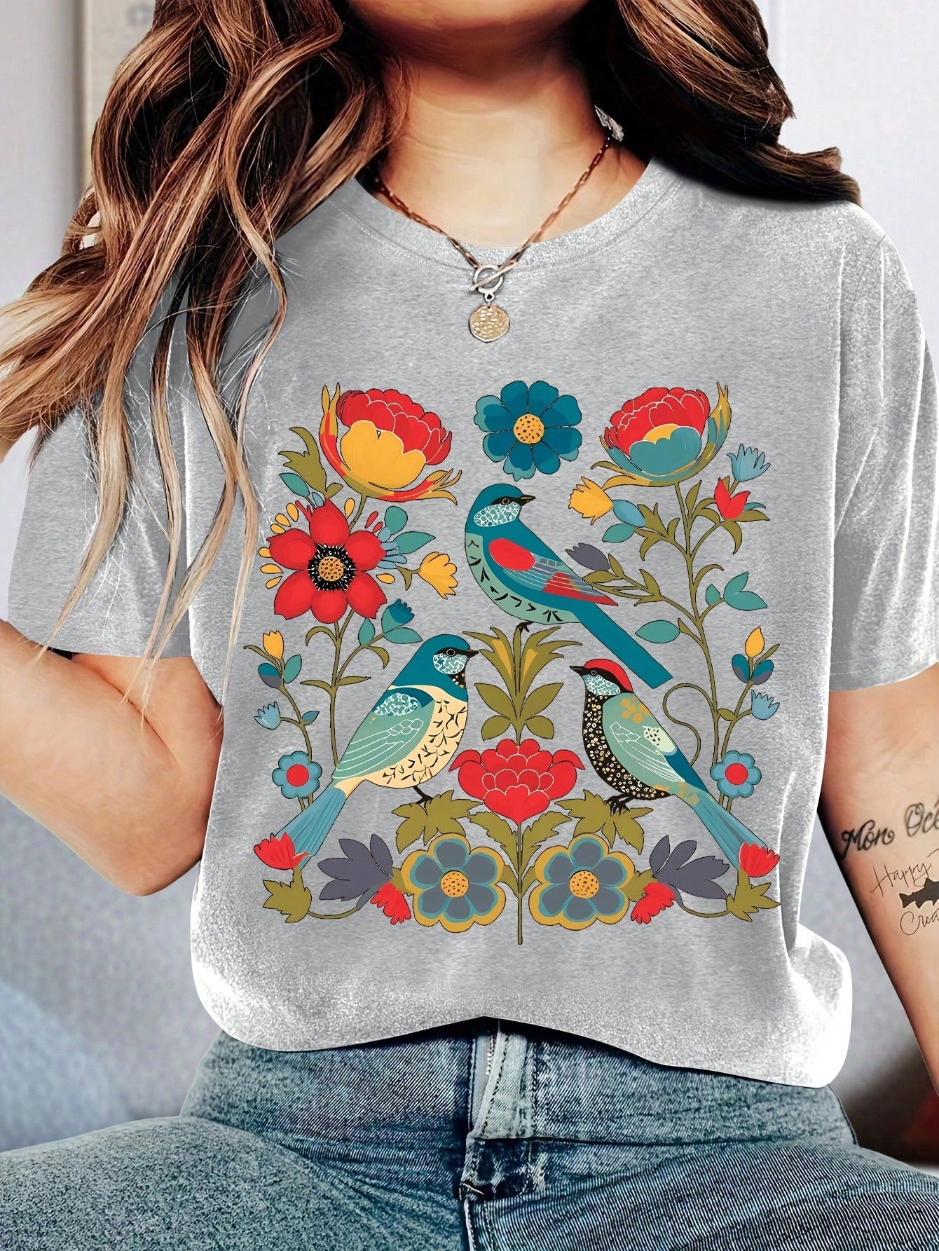 Variant image for Dam T-shirt Grafisk Vintage Fågel Blommor 100% Bomull-5