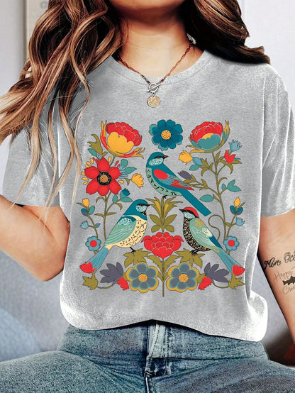 Variant image for Dam T-shirt Grafisk Vintage Fågel Blommor 100% Bomull-5