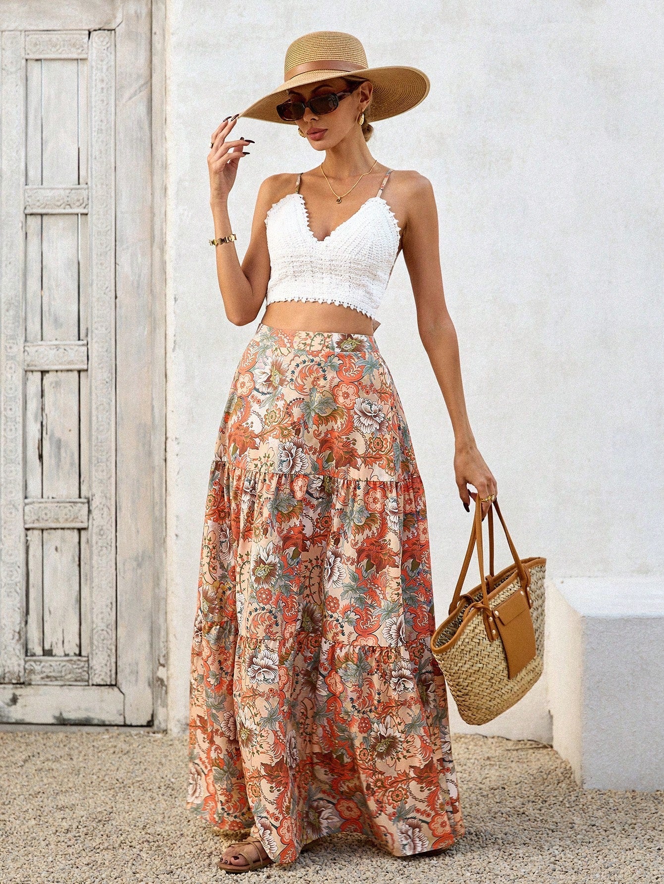 Kvinnors Boho Top och Maxi Rock Set Luftigt Tyg 5