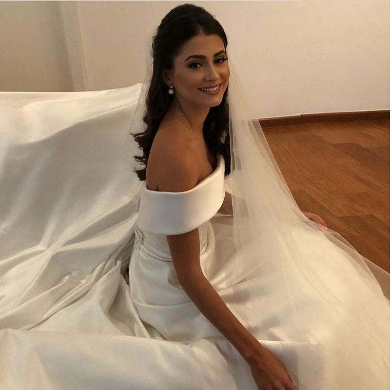 Kvinnor Bröllopsklänning Lång Ärmar Off-Shoulder Högkvalitativt Tyg-4