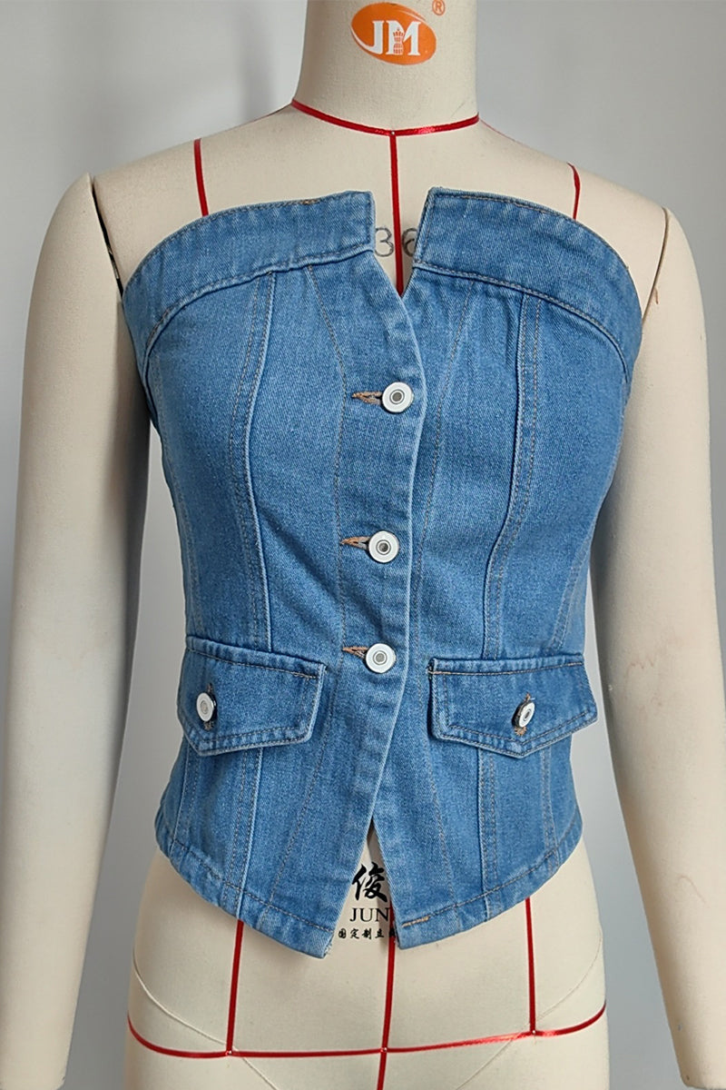 Kvinnors Axel-fri Topp med Knappar Högkvalitativ Bomull-5