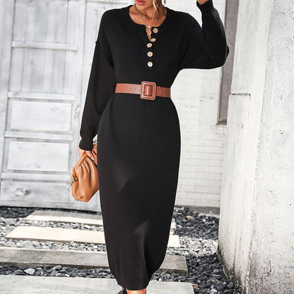 Variant image for Kvinnors Vinterklänning Långärmad Stickad med Knappdetaljer-25