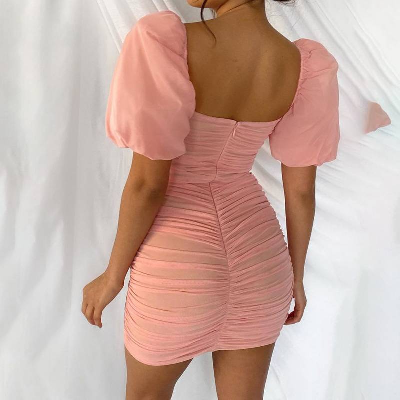 Damklänning Mini med Puffärmar, Tight Passform i Polyester – Enfärgad, Kort Ärmlängd, Perfekt för Festliga Tillfällen 2