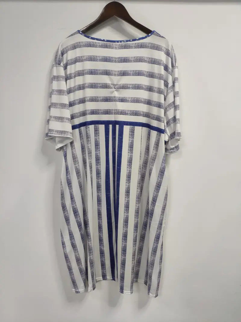 Kvinna Randig Klänning Lätt Bomull Med Fickor-3