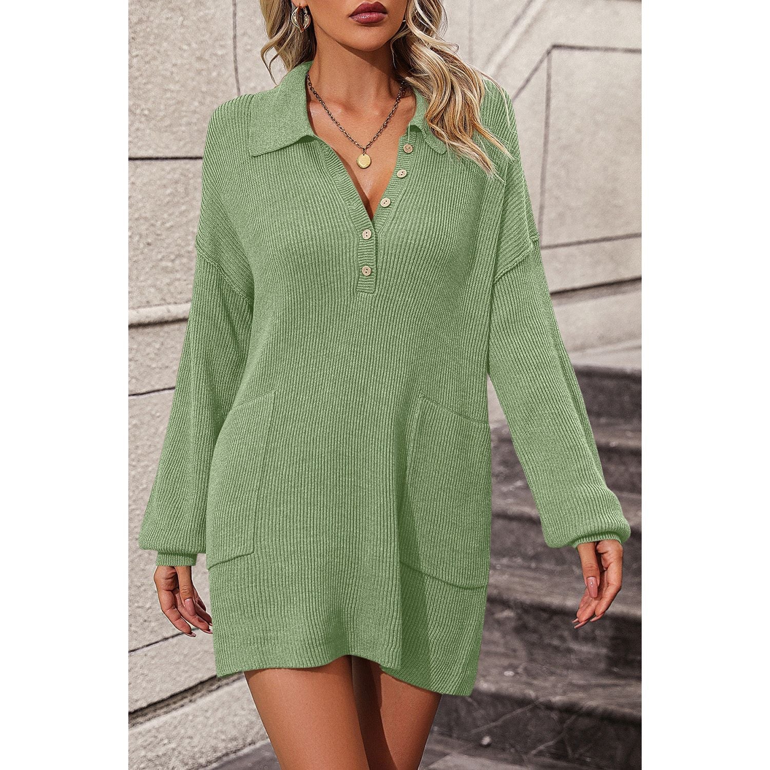 Variant image for Kvinnors Stickklänning Elegant Mjuk Blandning med Krage och Fickor-5