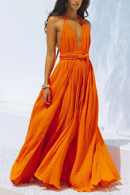 Maxiklänning Dam Djup V-hals Lätt Linneblandning Ankel-längd Sommar 8