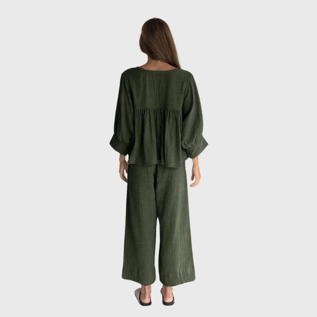 Dam Tvådelad Uppsättning Långärmad V-ringning Organiskt Linne-2