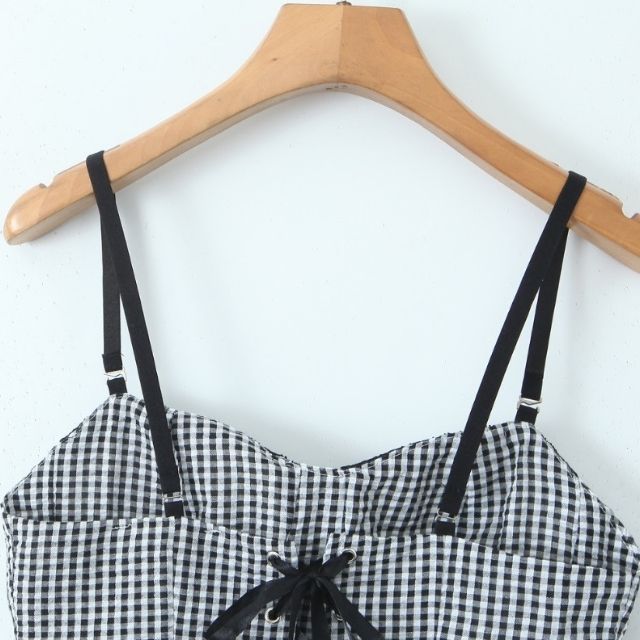 Dam Festtopp Vichy-Karo med Spetsdetaljer Polyester-6