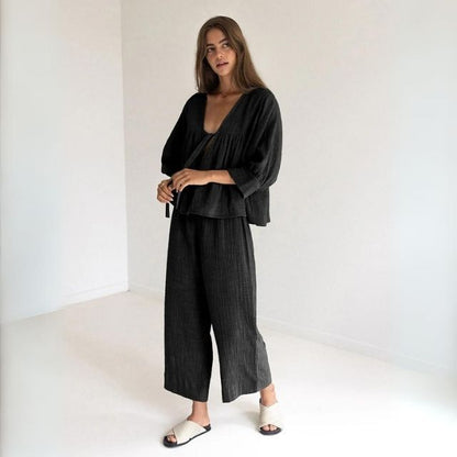 Variant image for Dam Tvådelad Uppsättning Långärmad V-ringning Organiskt Linne-6