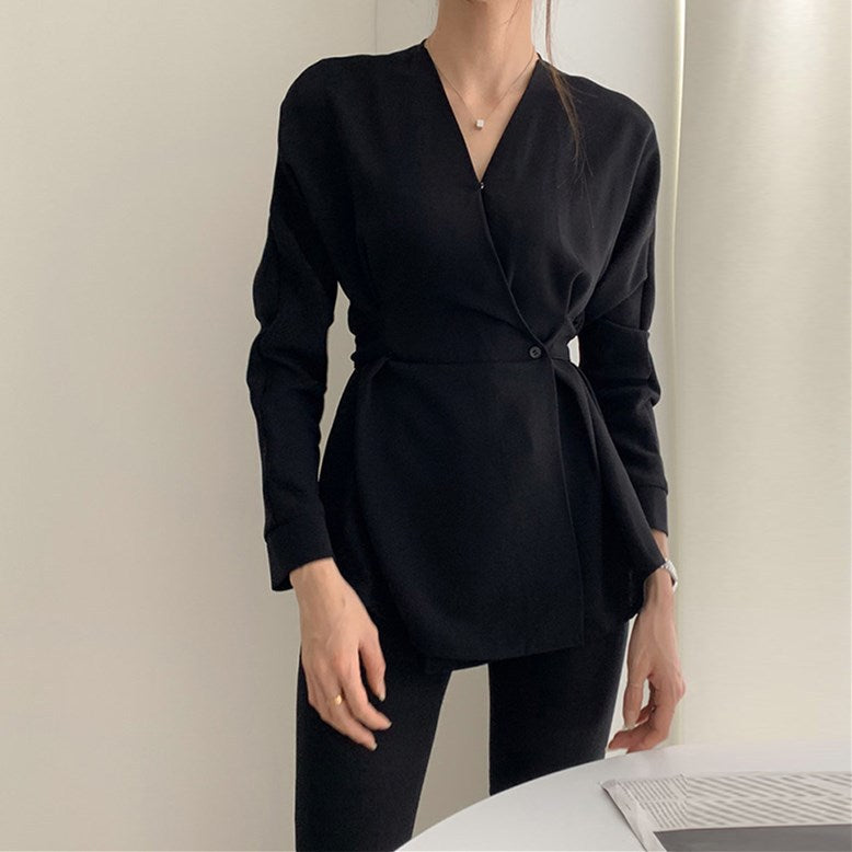 Dam Långärmad Topp V-hals Monokrom Stil Högkvalitativt Tyg-1