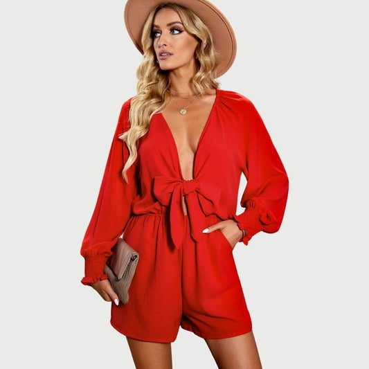 Dam Jumpsuit Djup V-halslinje Knutfront Flounce-ärmar Polyester 1